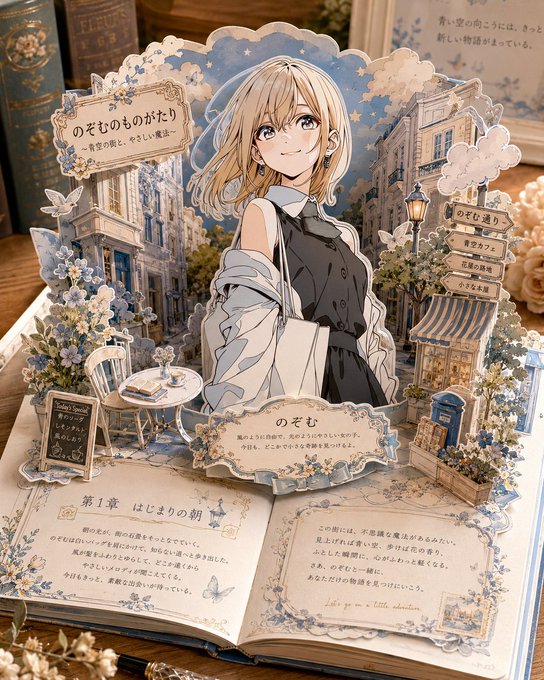 飛び出す絵本の少女と青空の街 のAI生成画像