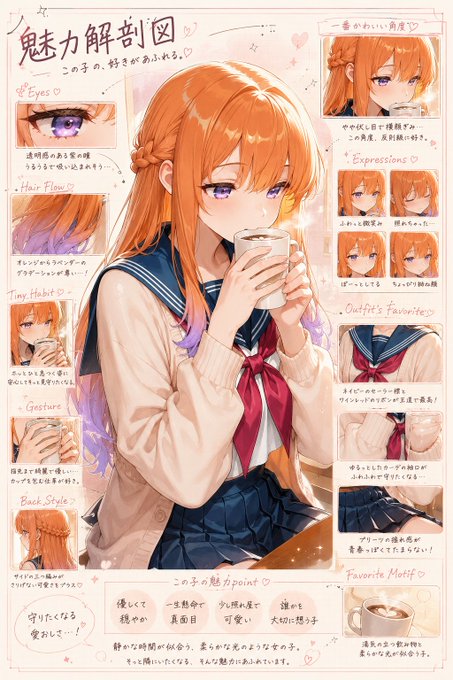 魅力解剖図：オレンジ髪の少女 のAI生成画像