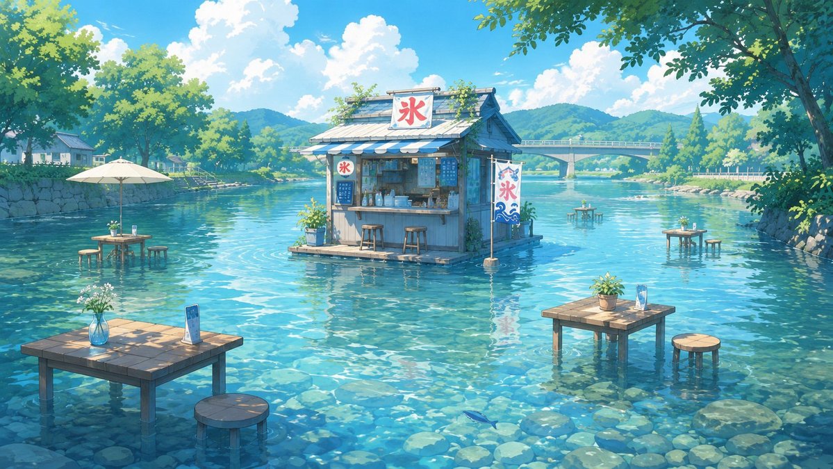川の上のかき氷屋台 のAI生成画像