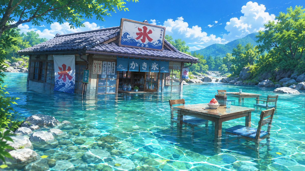 川の中のかき氷屋 のAI生成画像