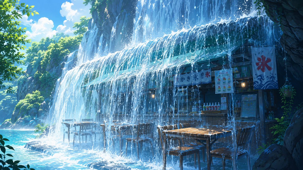 滝の下のかき氷屋台 のAI生成画像