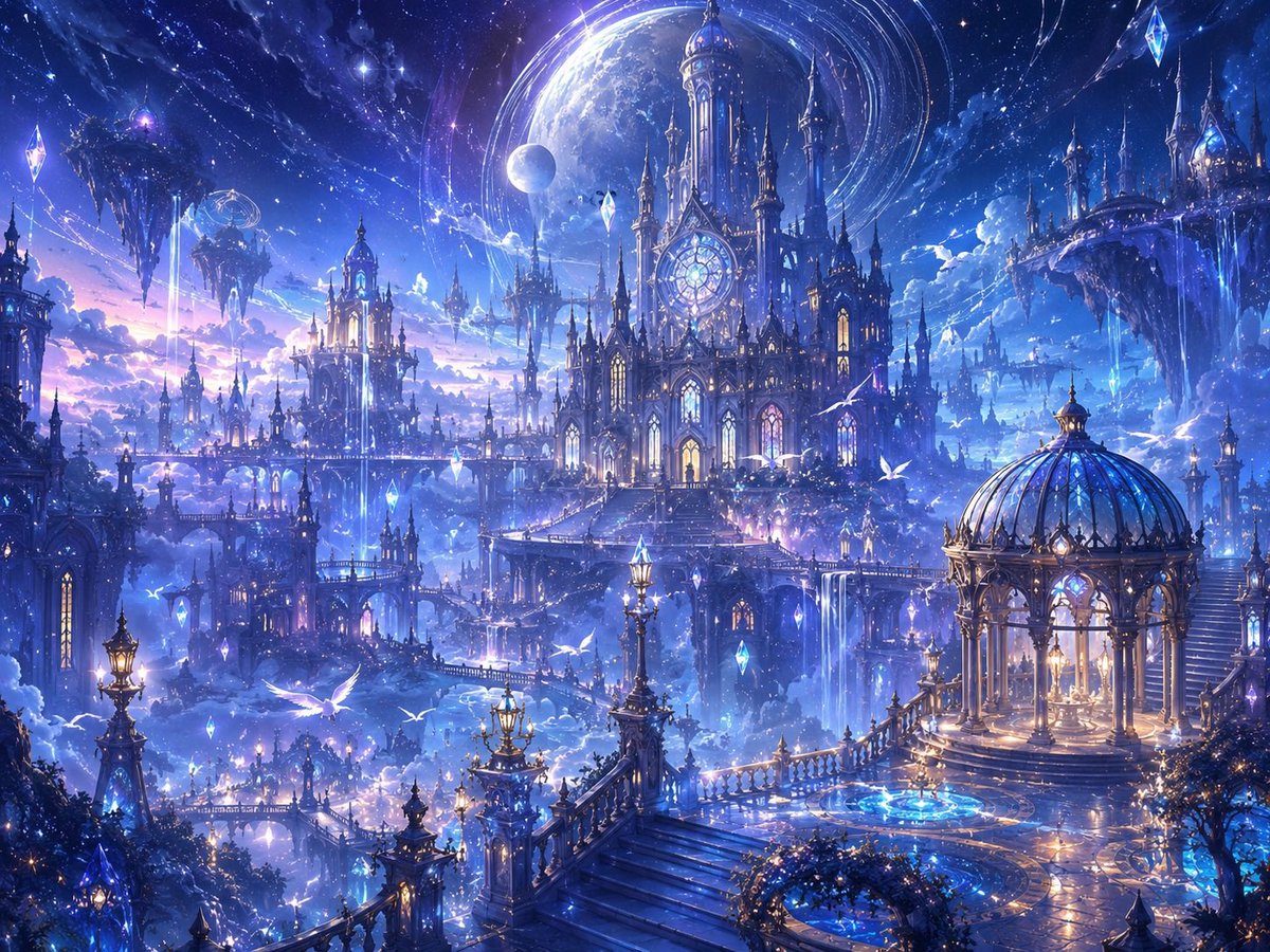 星空に浮かぶ幻想の魔法都市 のAI生成画像
