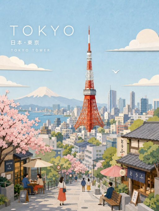 東京タワーと春の街並みポスター のAI生成画像