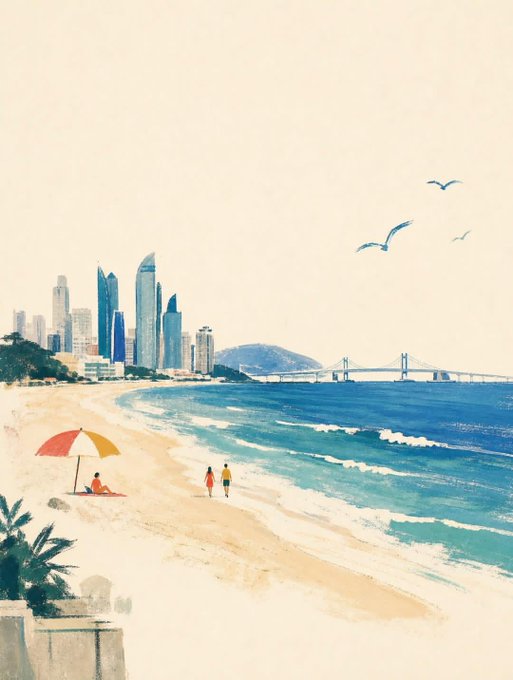夏の海辺と都市の風景画 のAI生成画像
