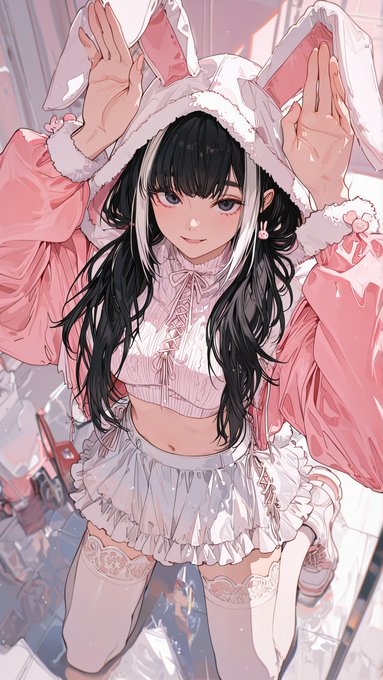うさ耳フードの黒髪少女 のAI生成画像