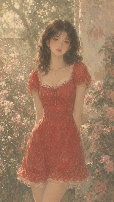 花園に佇む赤いドレスの少女 のAI生成画像