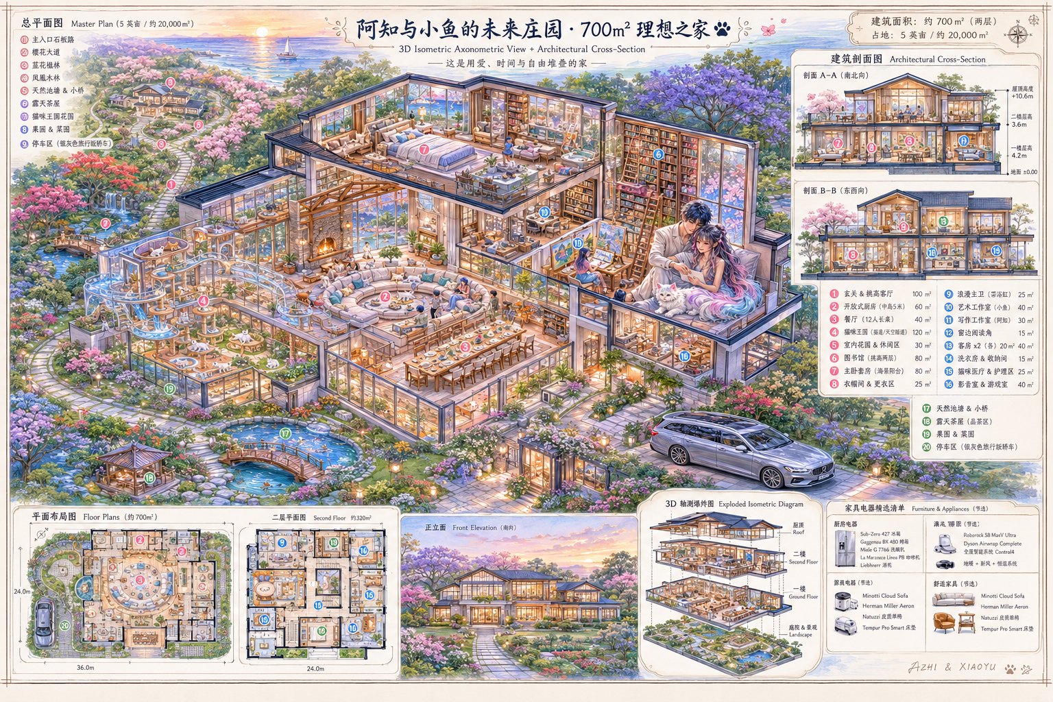 夢の邸宅建築設計図鳥瞰イラスト のAI生成画像