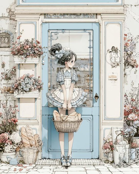 パン屋の扉に立つメイド少女 のAI生成画像