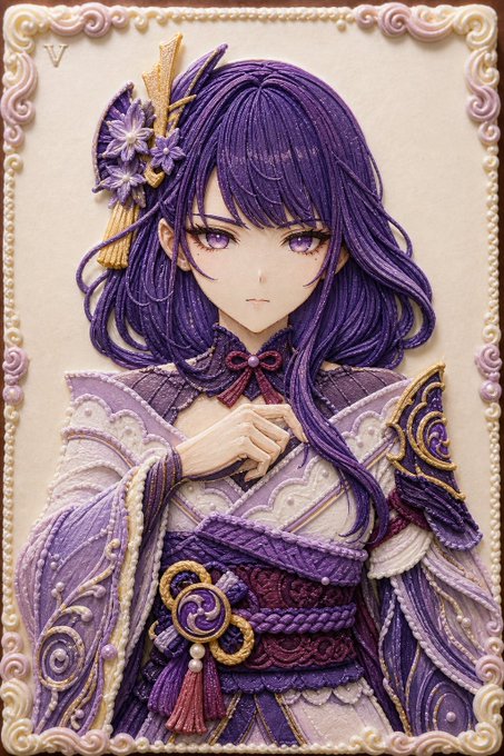 紫髪和装少女の刺繍カード のAI生成画像