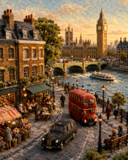 ロンドン夕暮れのミニチュア街並み のAI生成画像