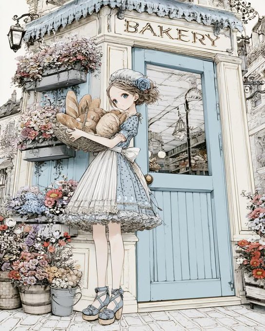 花咲くパン屋の少女 のAI生成画像