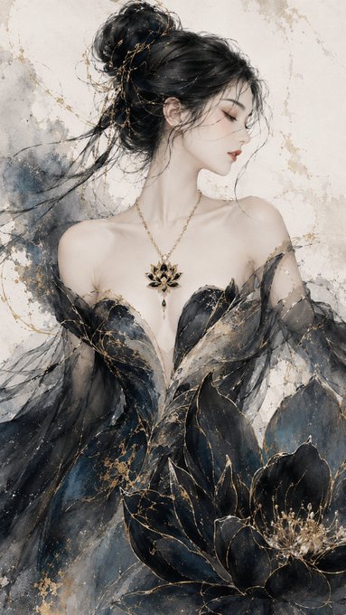 黒蓮の女神と金箔水墨画 のAI生成画像