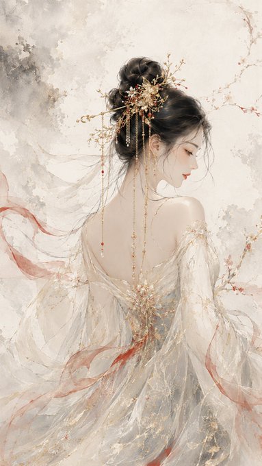 白衣の古典美人後ろ姿 のAI生成画像
