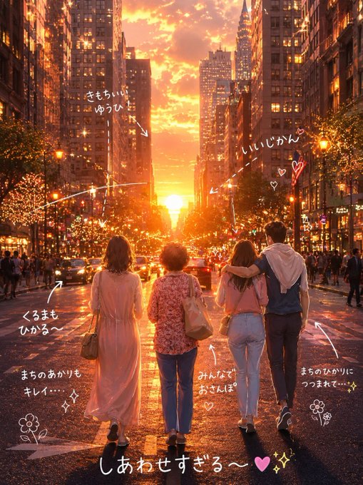 夕焼けの街を歩く家族 のAI生成画像