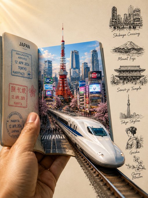 日本旅行パスポートと新幹線 のAI生成画像