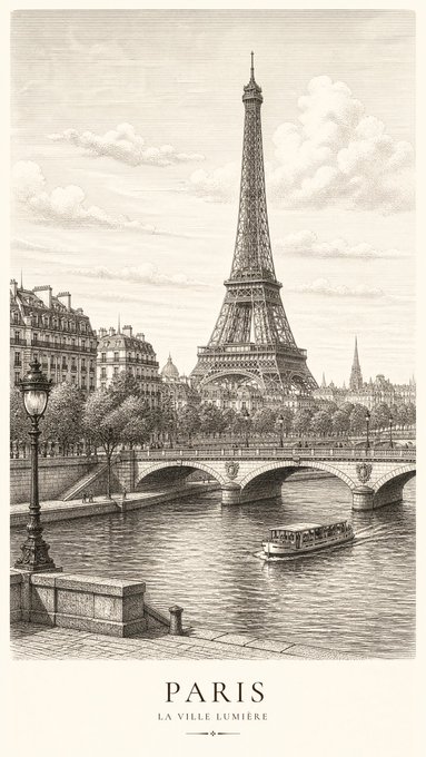 パリ エッフェル塔の銅版画風イラスト のAI生成画像