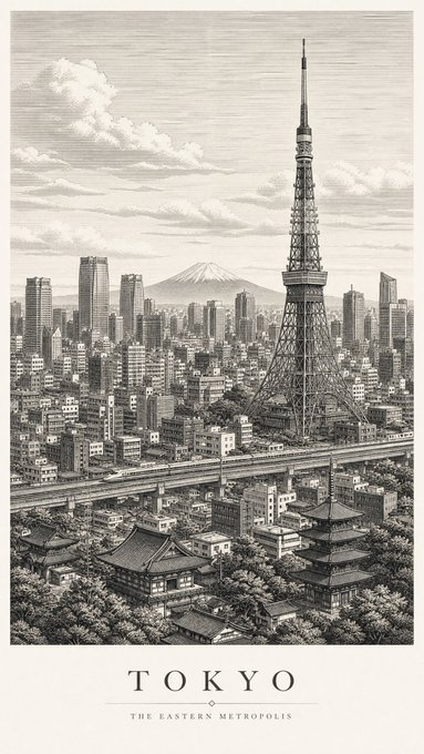 東京トラベルポスター白黒版画風 のAI生成画像