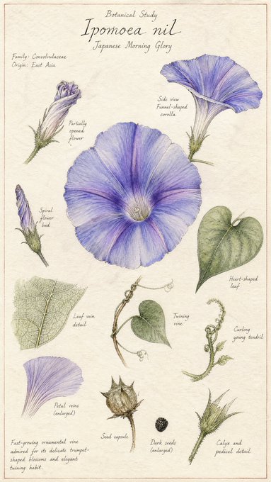 アサガオの植物学図版 のAI生成画像
