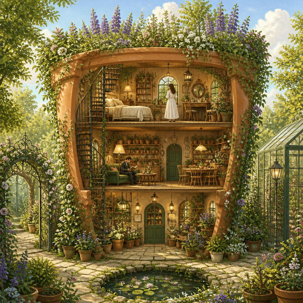 植木鉢の中の小さな暮らし のAI生成画像