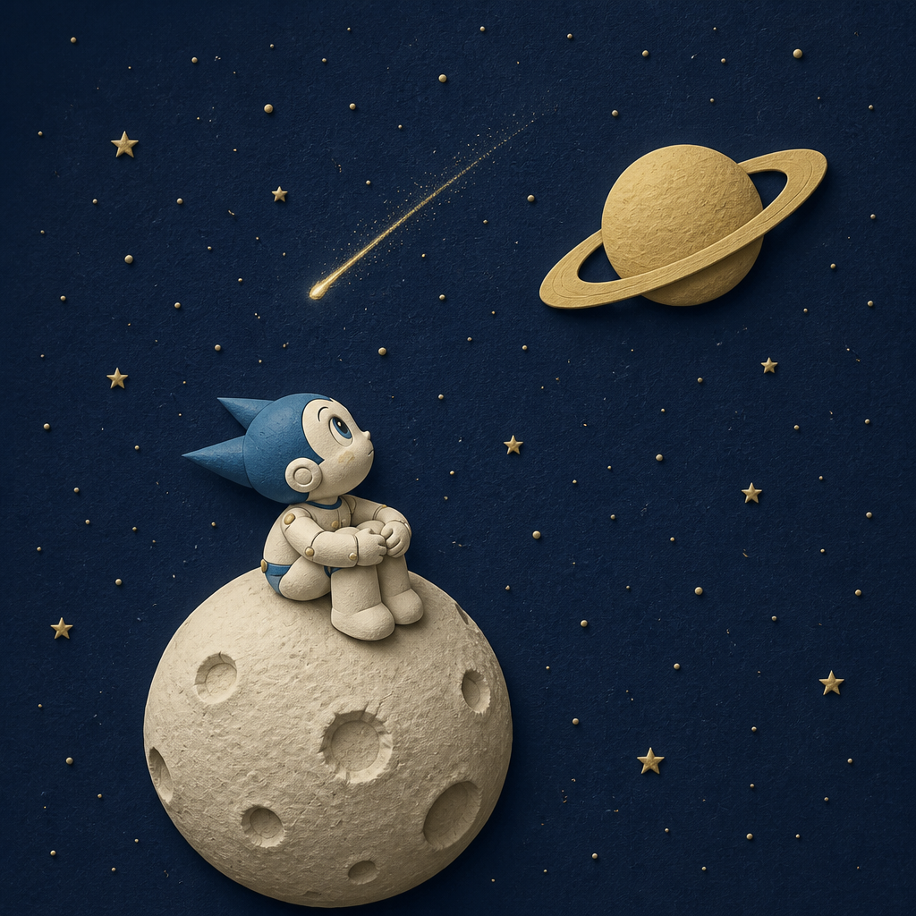 ペーパーレリーフのレトロ宇宙ロボット のAI生成画像