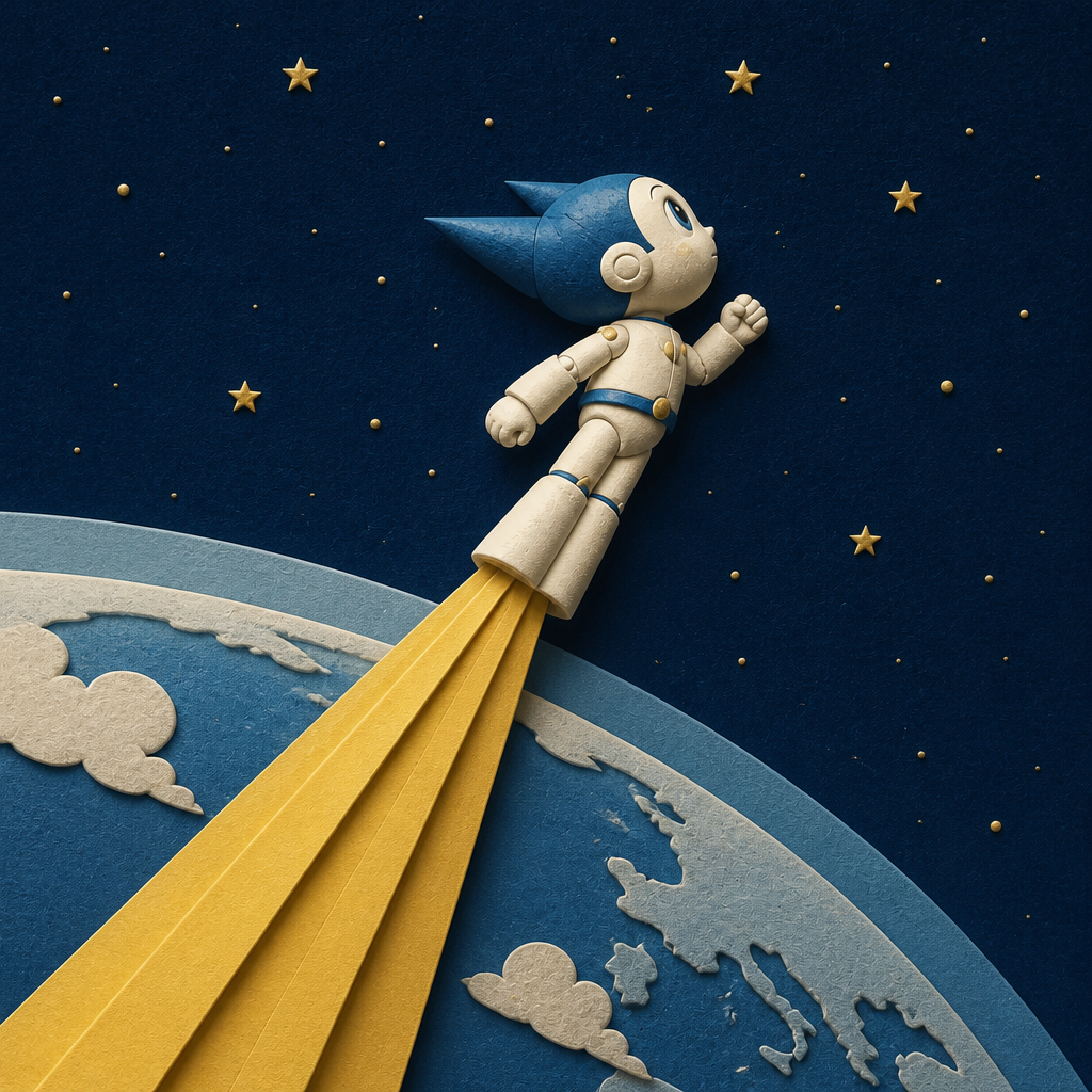 ペーパーレリーフのレトロ宇宙ロボット のAI生成画像