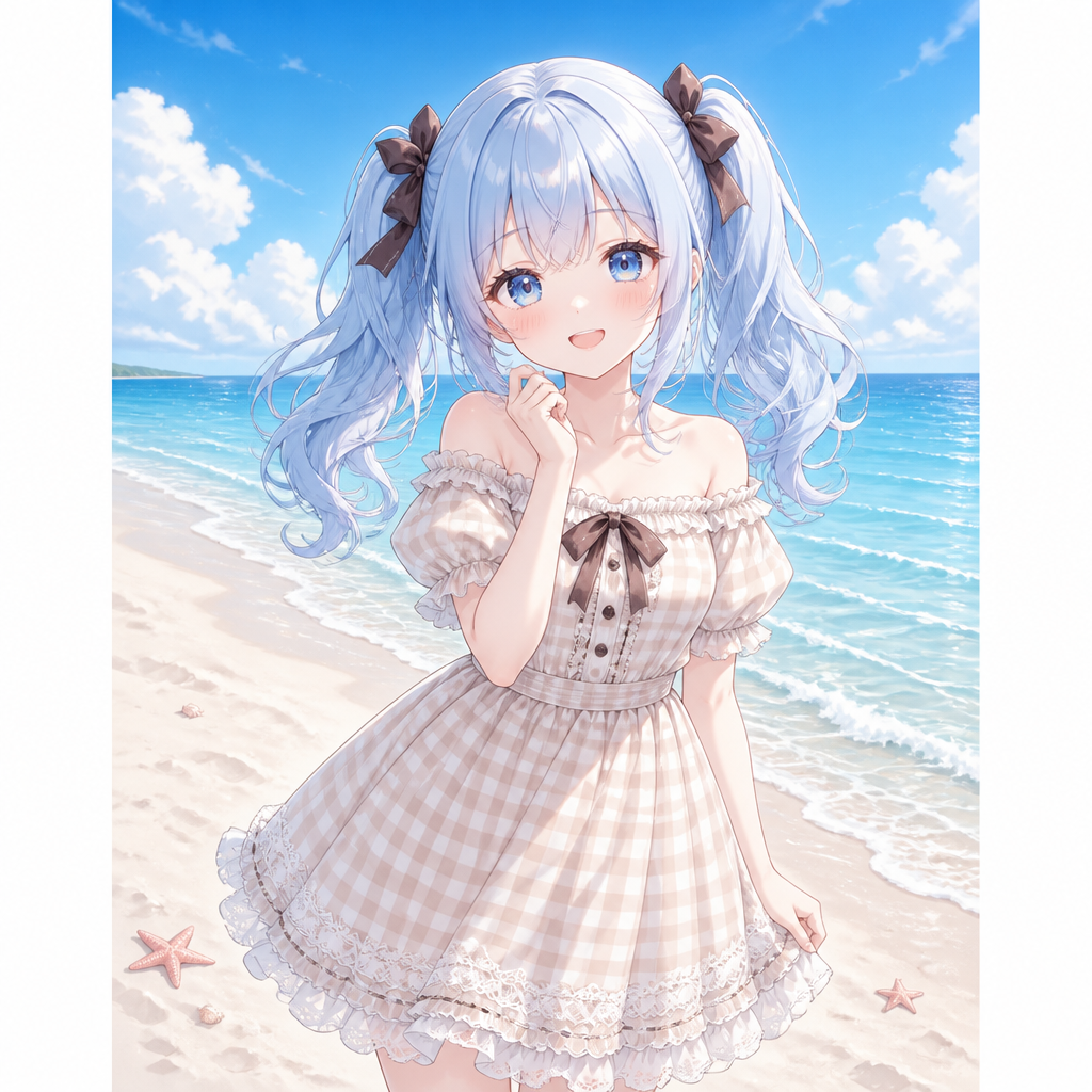 夏の浜辺と水色ツインテール のAI生成画像