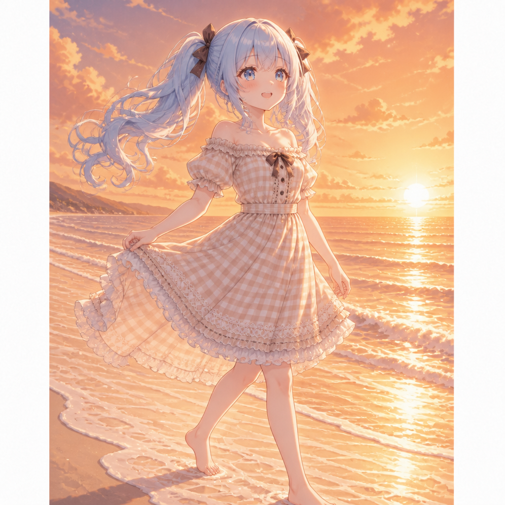 夏の浜辺と水色ツインテール のAI生成画像