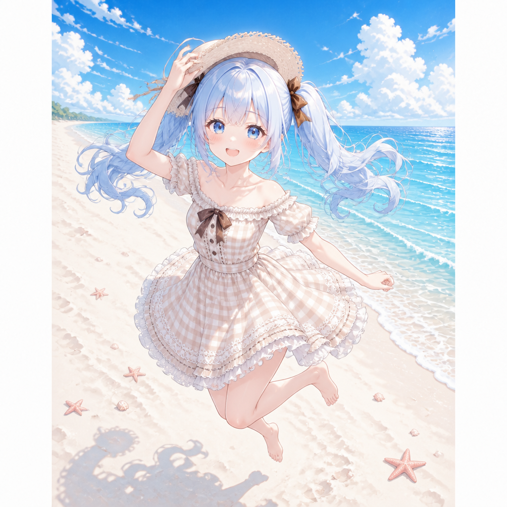 夏の浜辺と水色ツインテール のAI生成画像