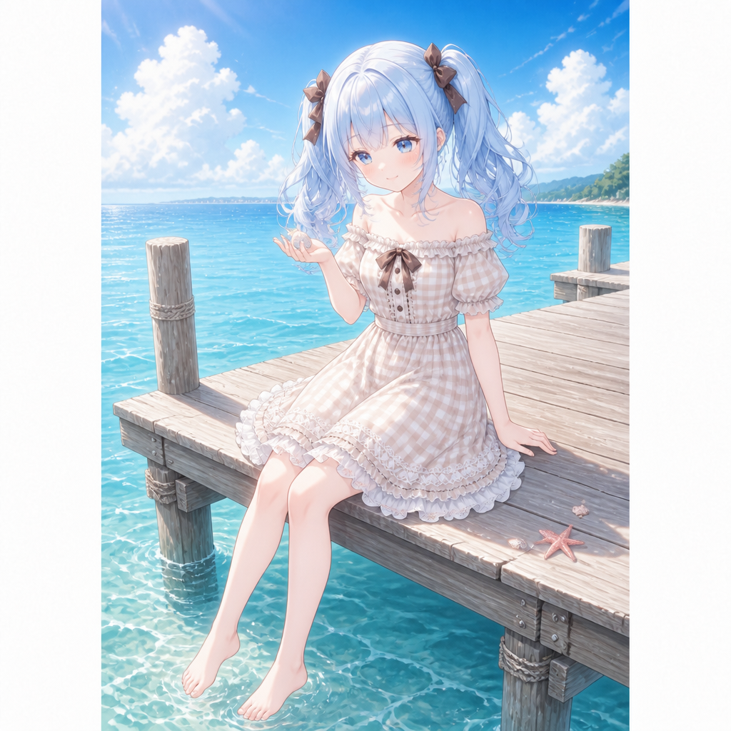 夏の浜辺と水色ツインテール のAI生成画像