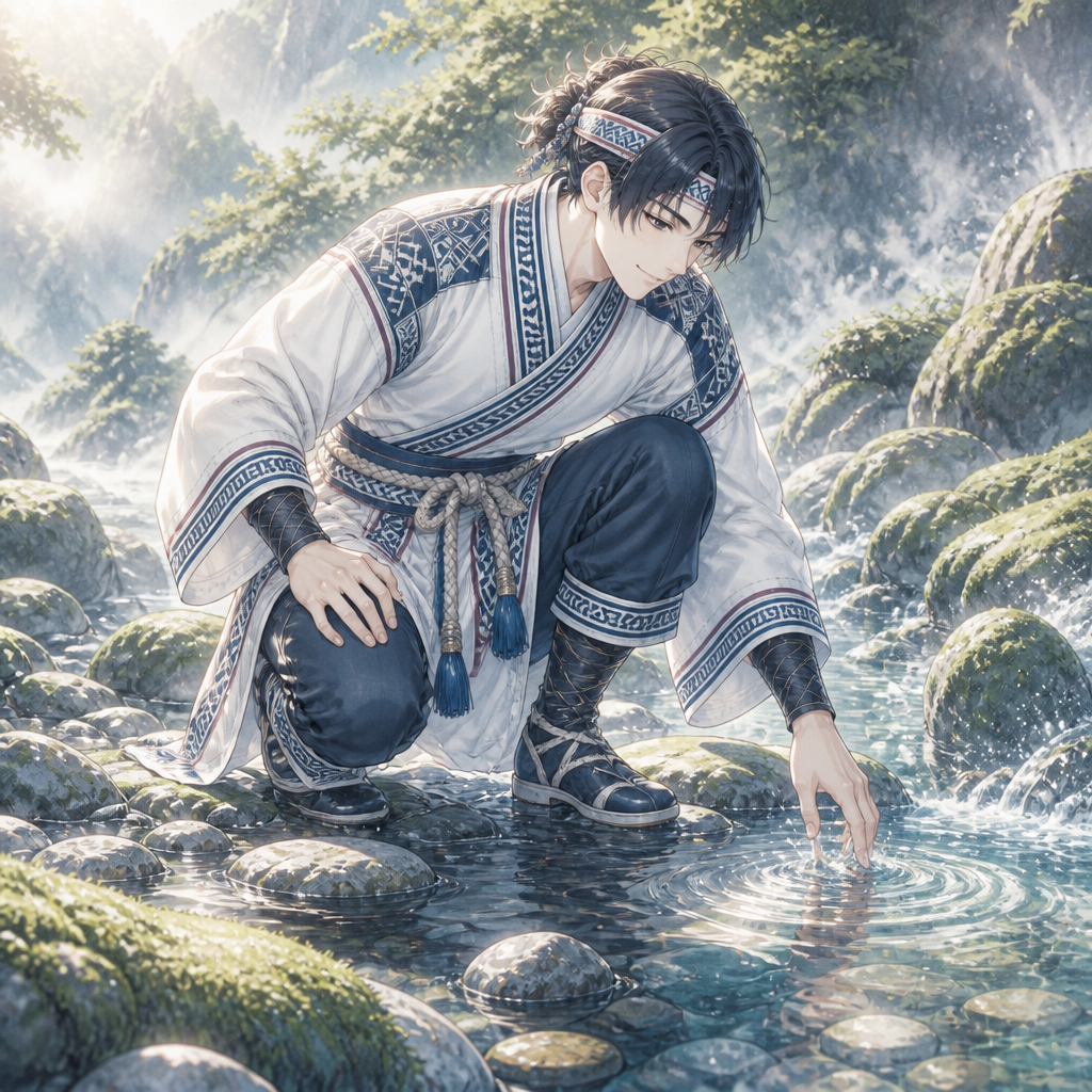 民族衣装の青年と山里 のAI生成画像