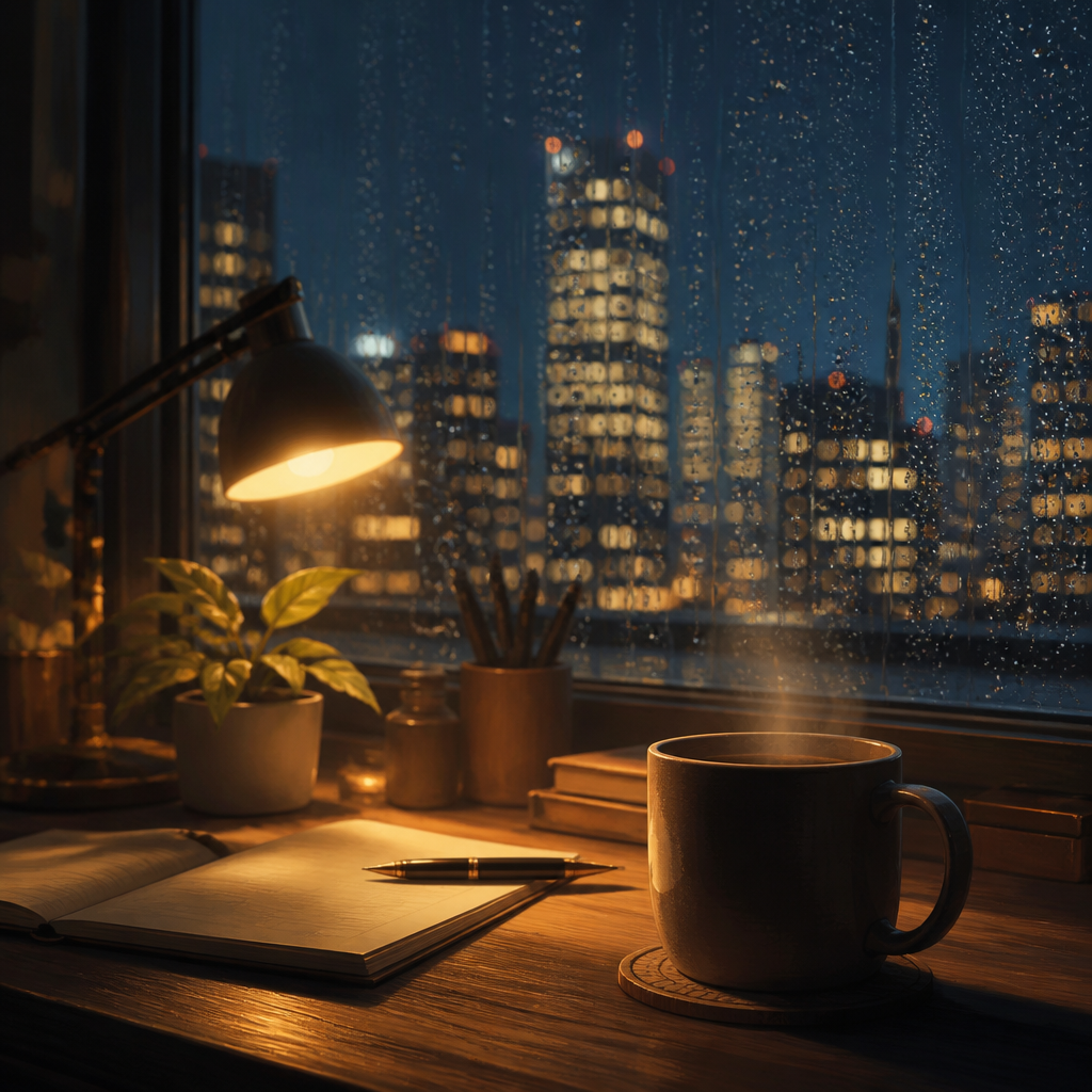 雨の夜のlo-fi書斎 のAI生成画像