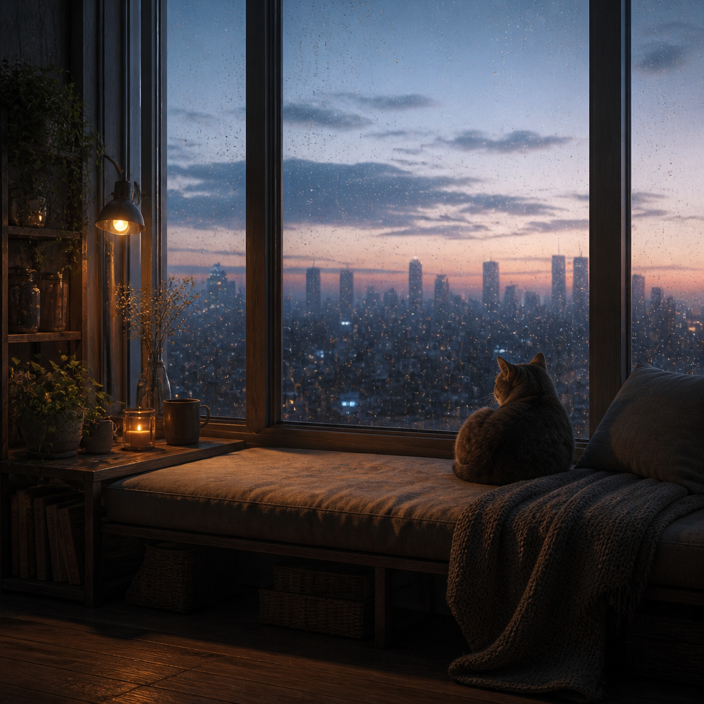 雨の夜のlo-fi書斎 のAI生成画像
