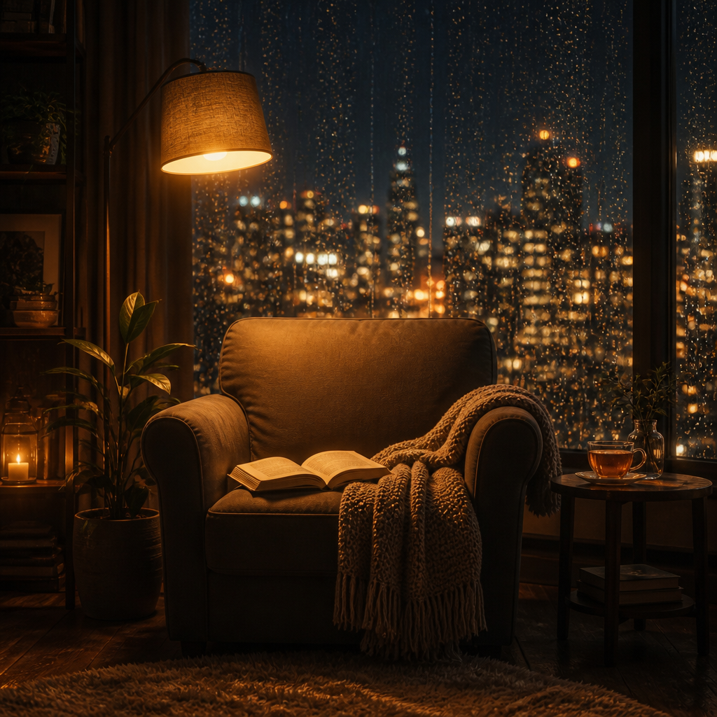 雨の夜のlo-fi書斎 のAI生成画像
