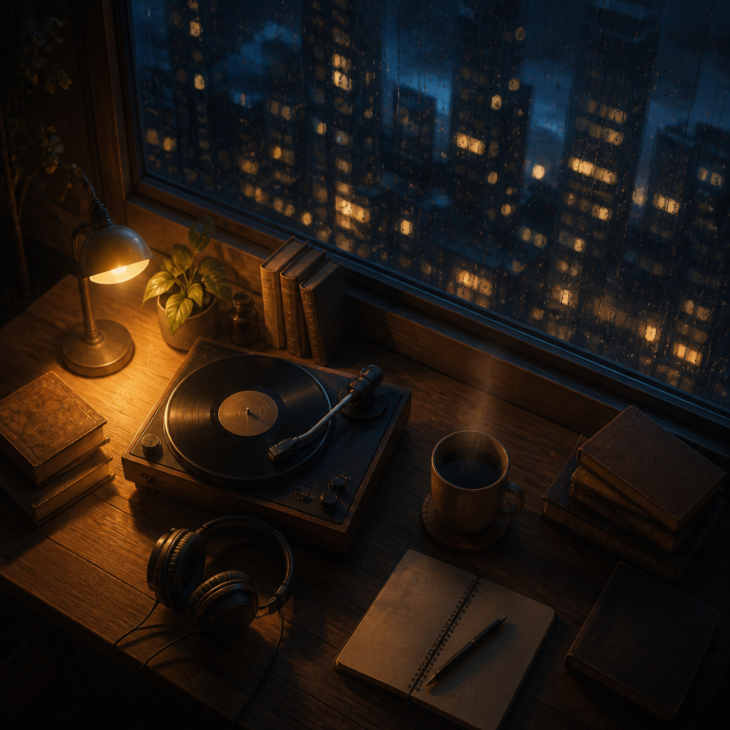雨の夜のlo-fi書斎 のAI生成画像