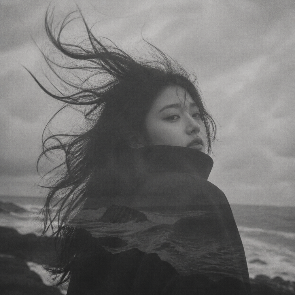 海辺のモノクロポートレート のAI生成画像