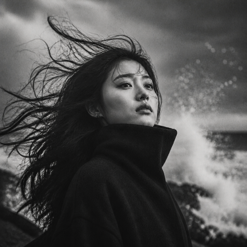 海辺のモノクロポートレート のAI生成画像