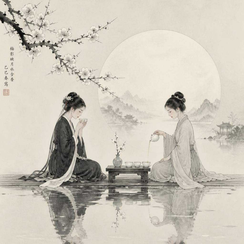 水墨画の月夜の茶会 のAI生成画像