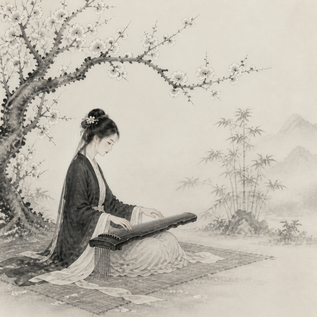 水墨画の月夜の茶会 のAI生成画像