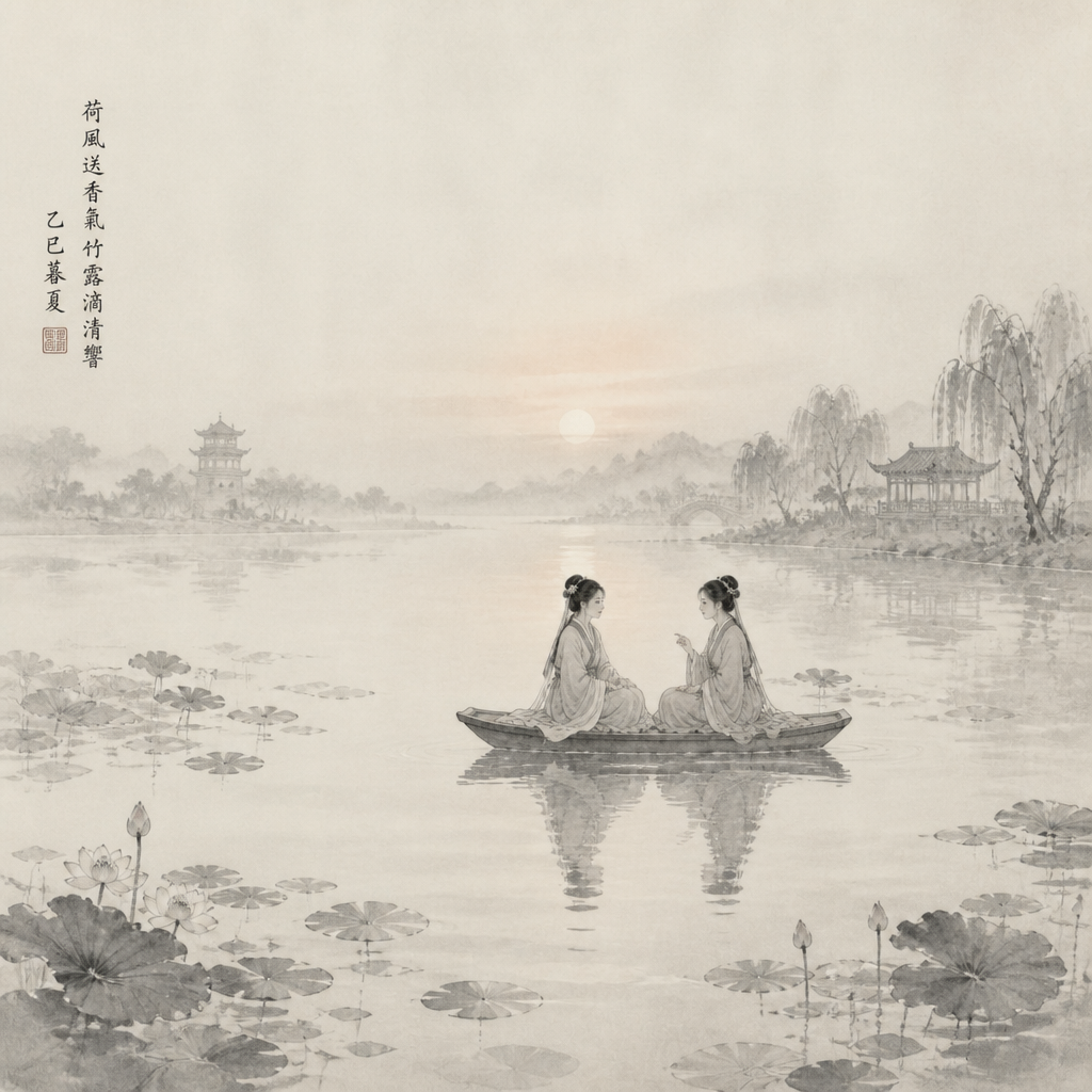水墨画の月夜の茶会 のAI生成画像