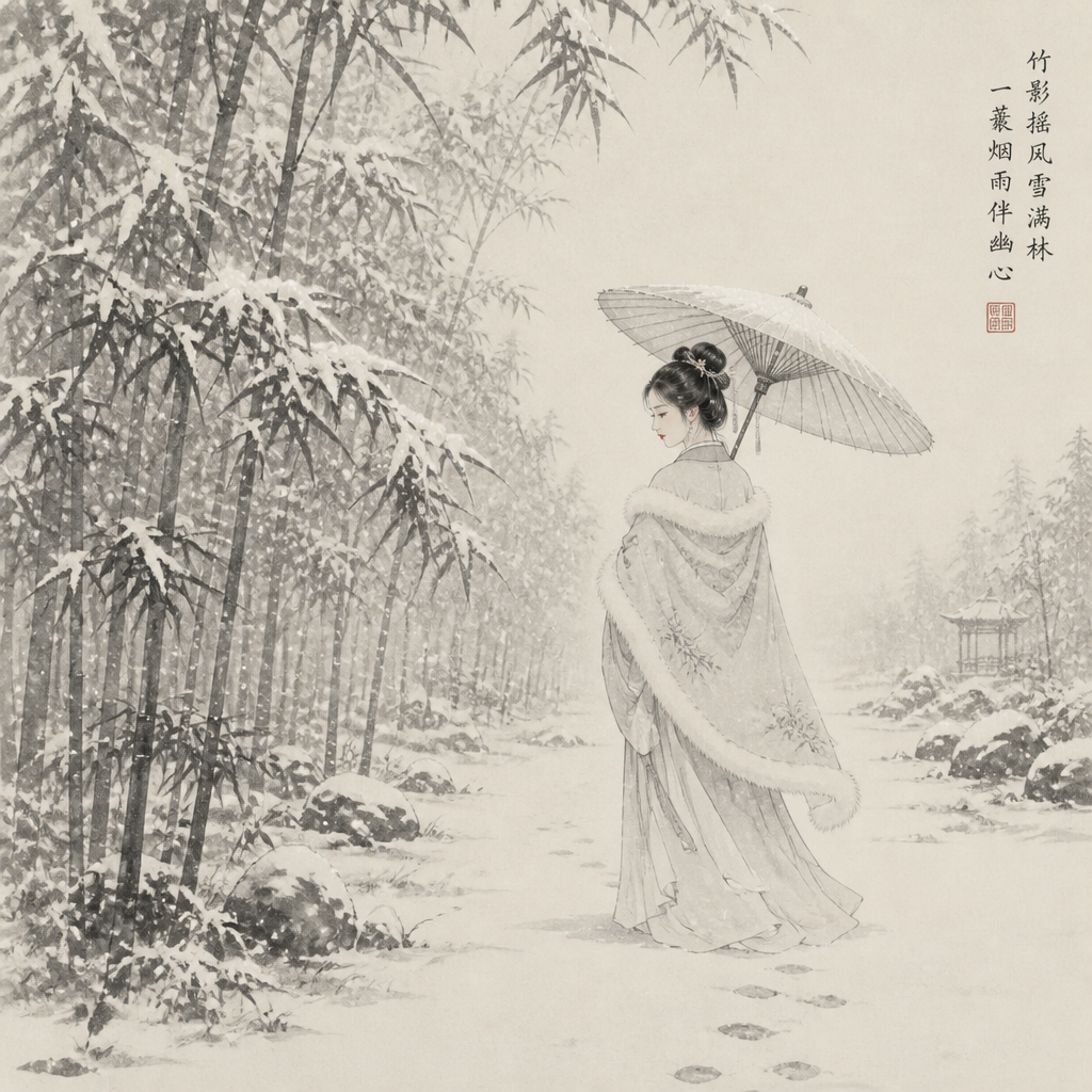水墨画の月夜の茶会 のAI生成画像