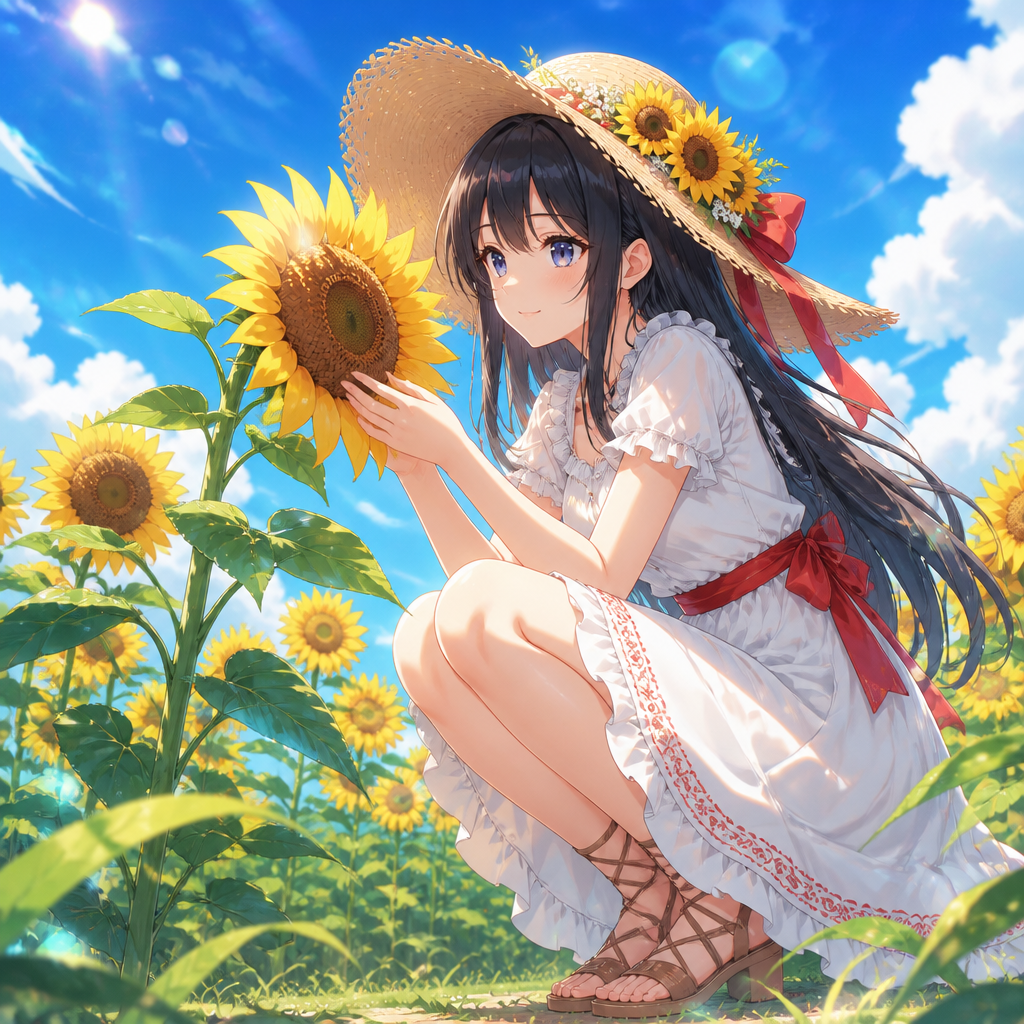 ひまわり畑の少女 のAI生成画像