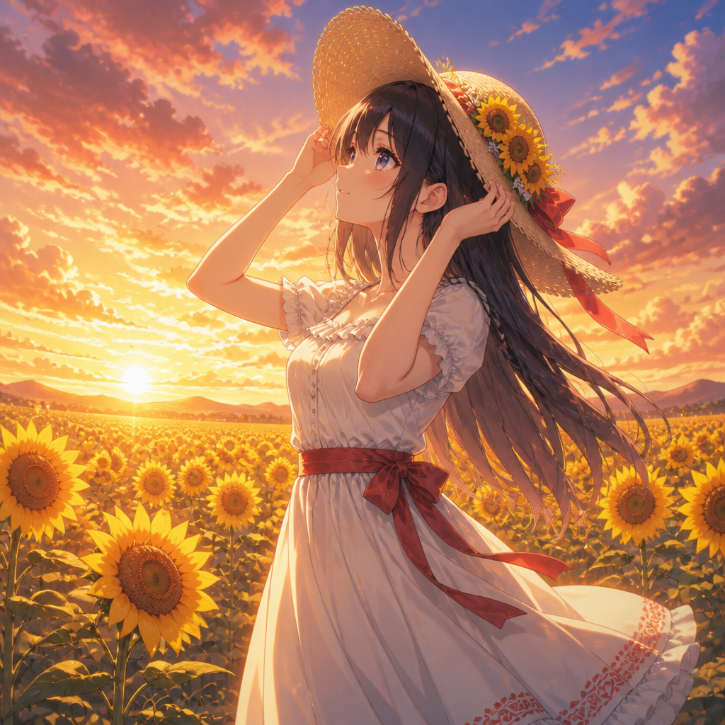 ひまわり畑の少女 のAI生成画像