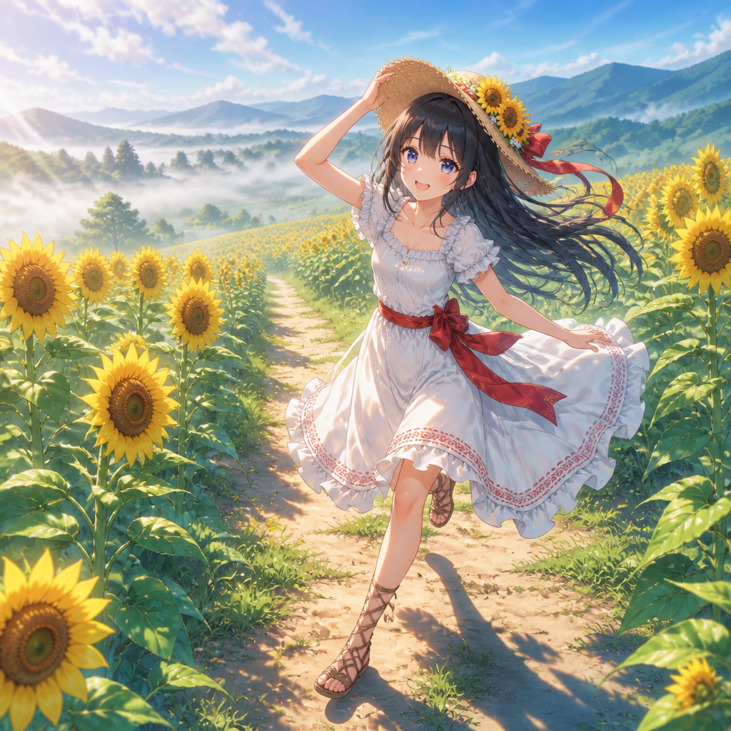 ひまわり畑の少女 のAI生成画像