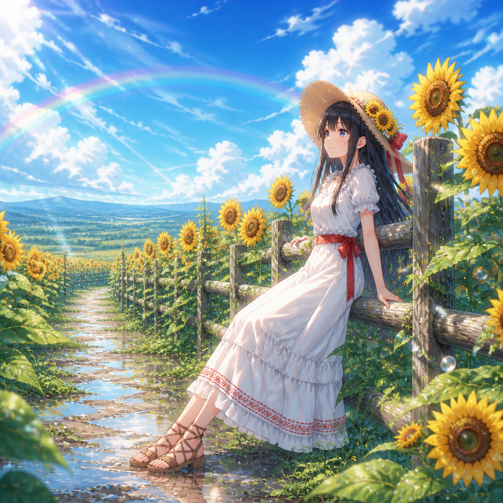 ひまわり畑の少女 のAI生成画像