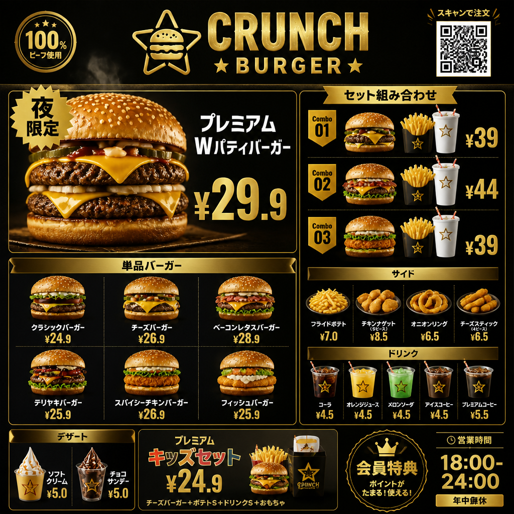 クランチバーガー メニューポスター のAI生成画像