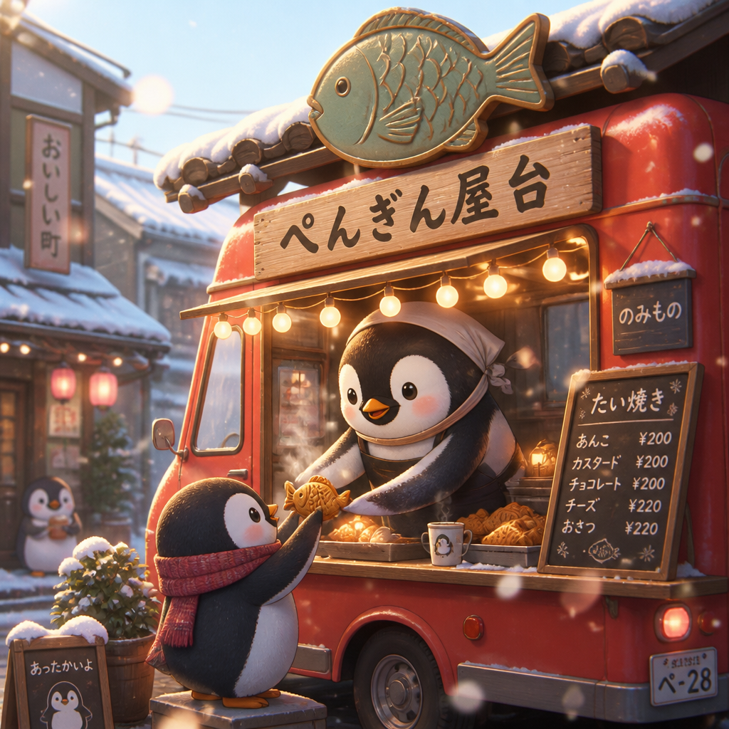 雪の街のペンギン屋台 のAI生成画像