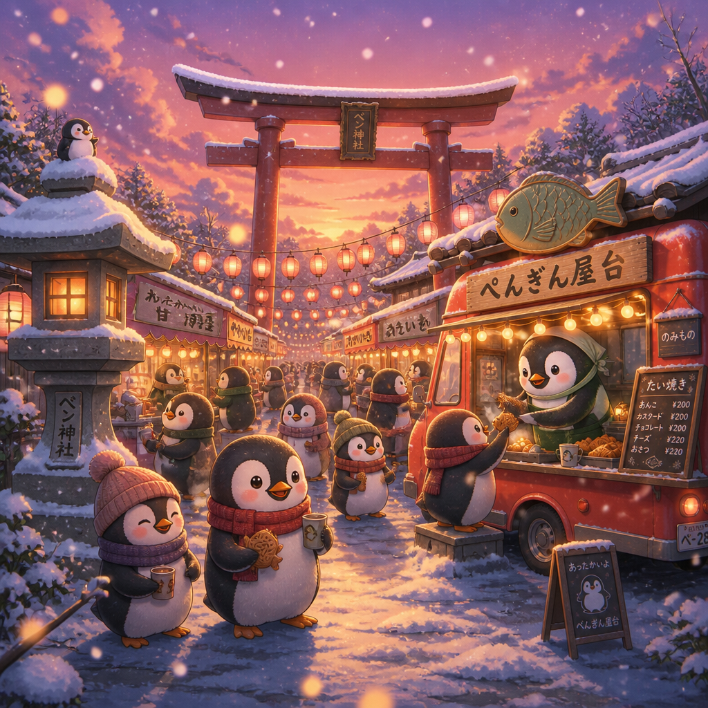 雪の街のペンギン屋台 のAI生成画像