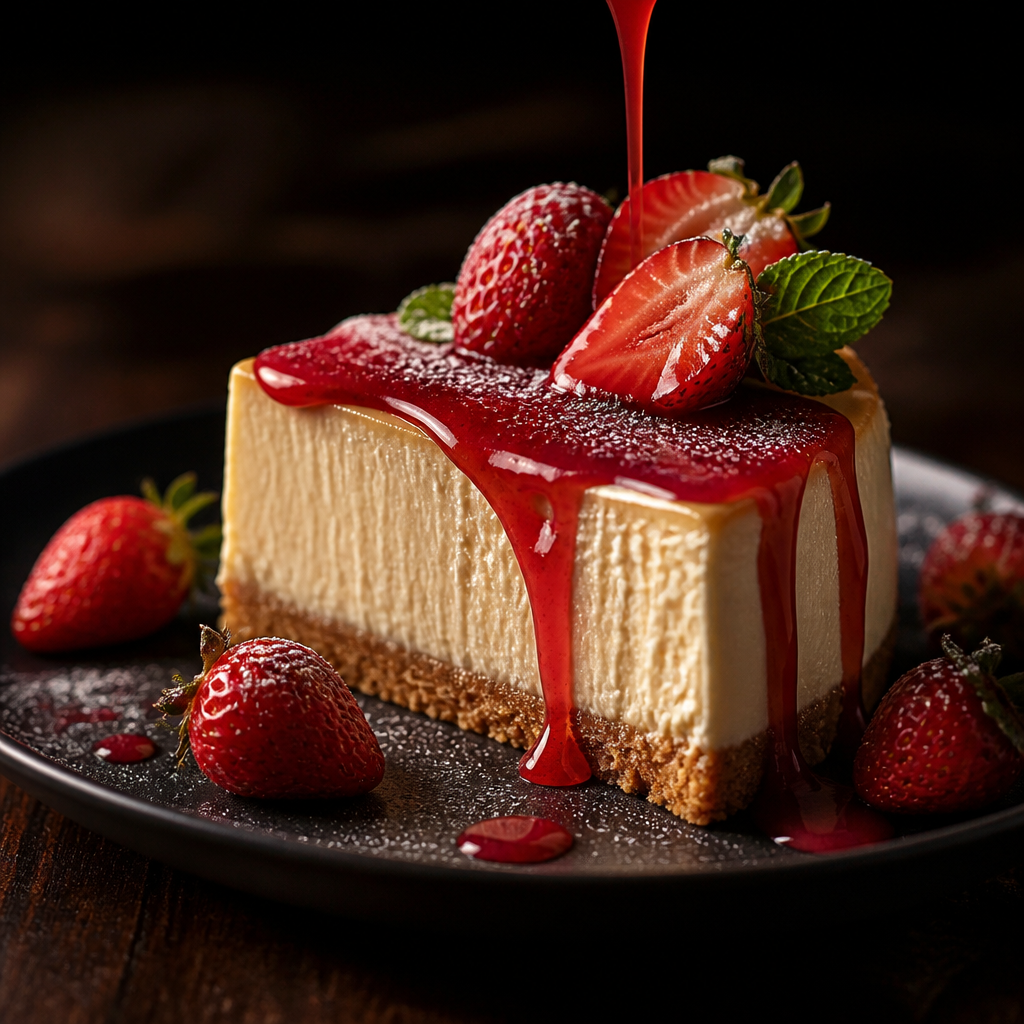 イチゴソースのニューヨークチーズケーキ のAI生成画像
