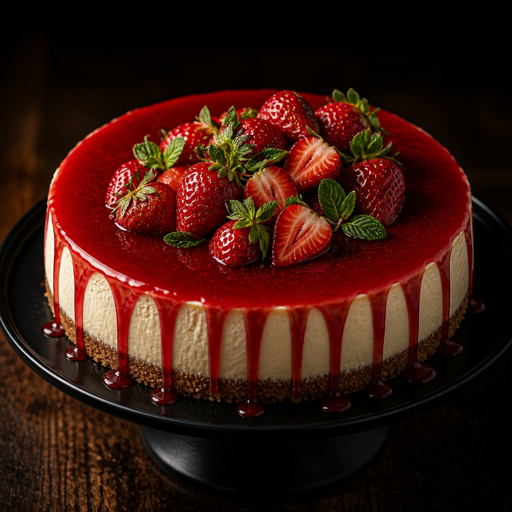 イチゴソースのニューヨークチーズケーキ のAI生成画像
