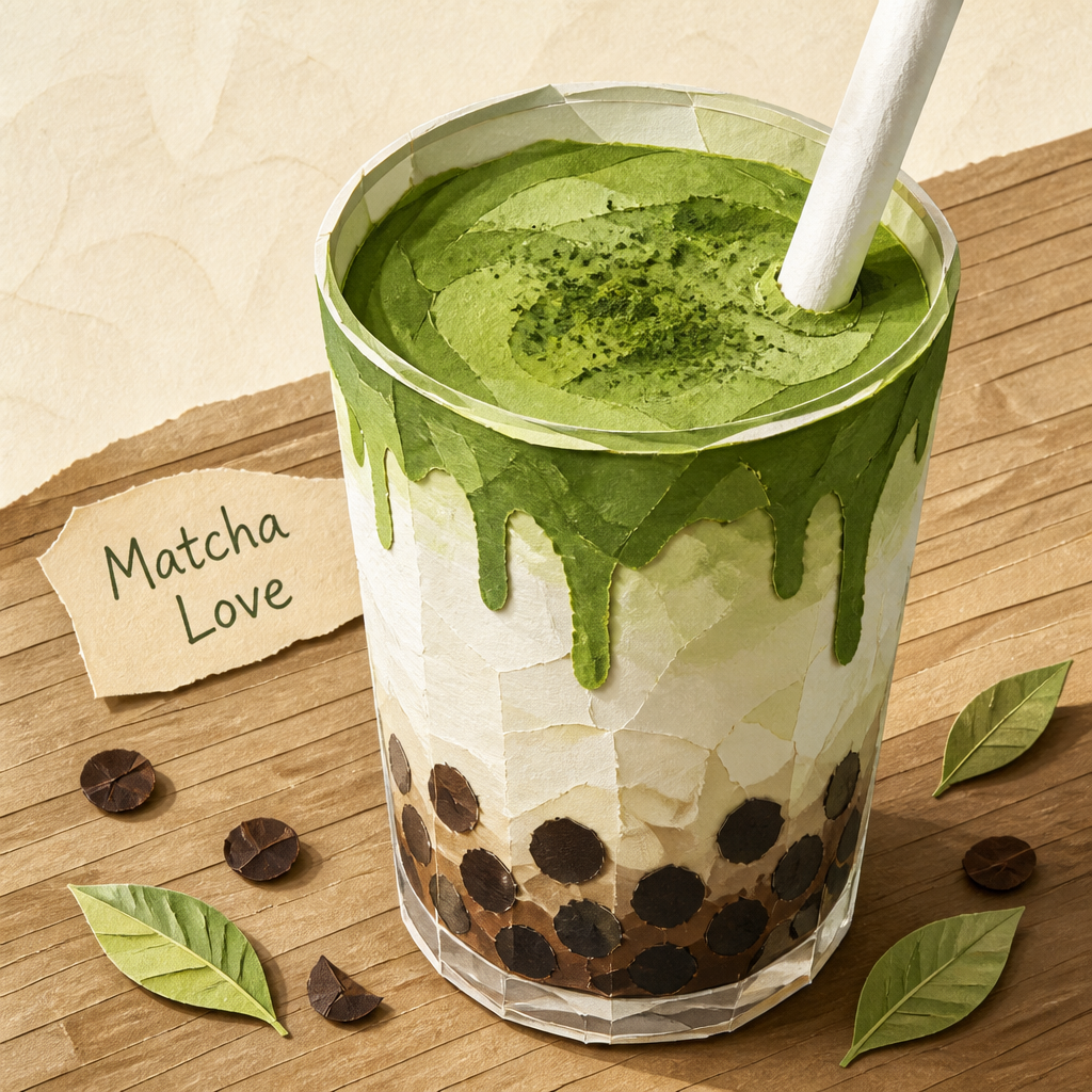 紙細工の抹茶タピオカ のAI生成画像